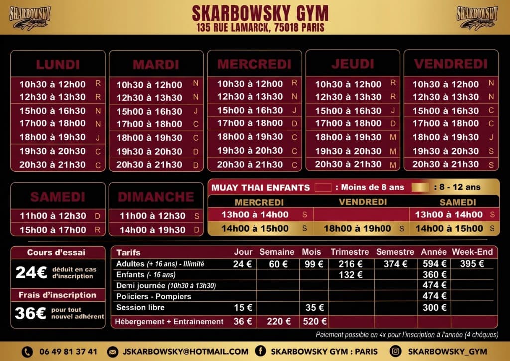 Planning et tarifs Skarbowsky Gym Paris 18ème