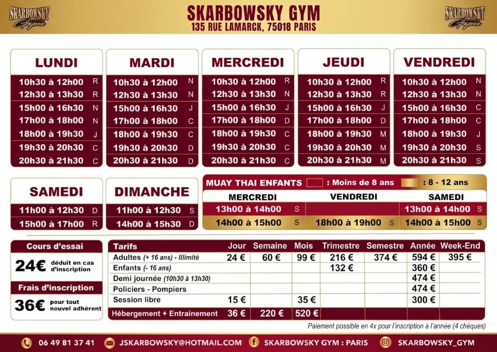 Planning et tarifs Skarbowsky Gym Paris 18ème