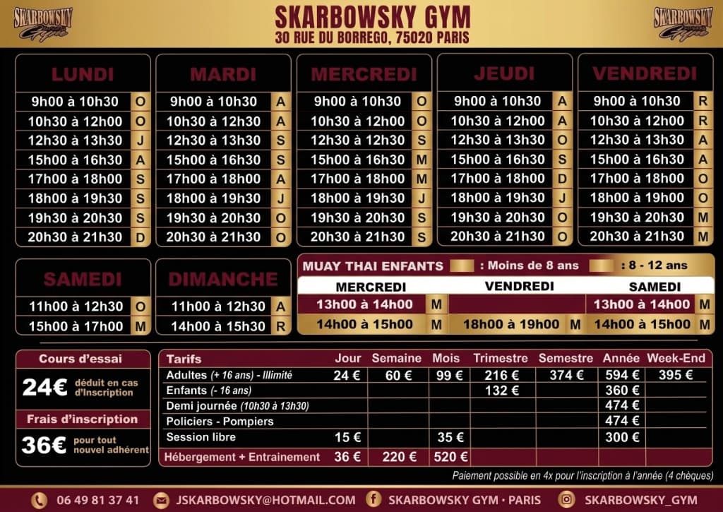 Planning et tarifs Skarbowsky Gym Paris 20ème