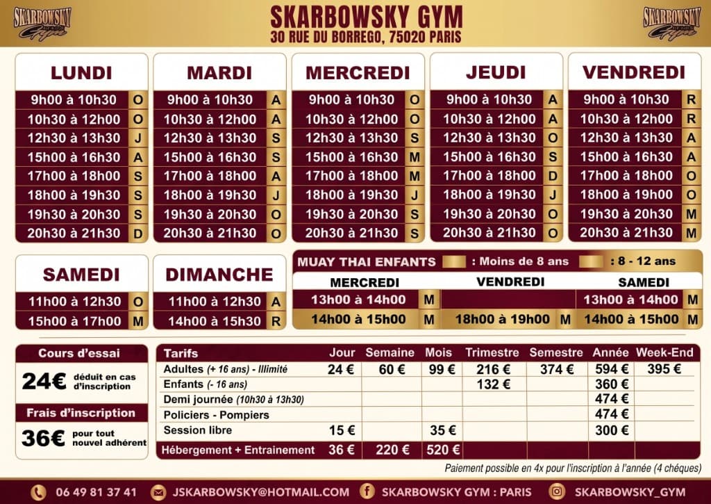 Planning et tarifs Skarbowsky Gym Paris 20ème